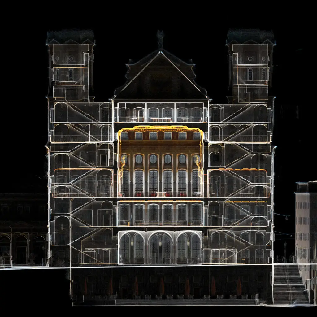 Eine 3D-Laserscan Vermessung des AUgsburger Rathauses. Halbtrabsparente Darstellung vor schwarzem Hintergrund. Orthographische Projektion, die das Bild wie einen Architektur-Plan wirken lässt.