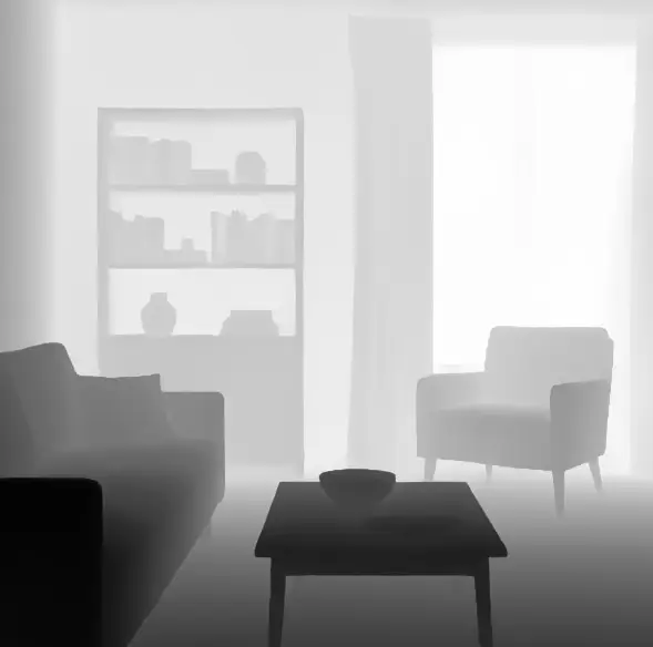 Graustufen-Depth-Map: weiße Fläche für Sofa und Couchtisch (Vordergrund), mittelgraue Fläche für Sessel und Bücherregal (Mittelgrund), schwarze Fläche für Fenster und Vorhänge (Hintergrund).