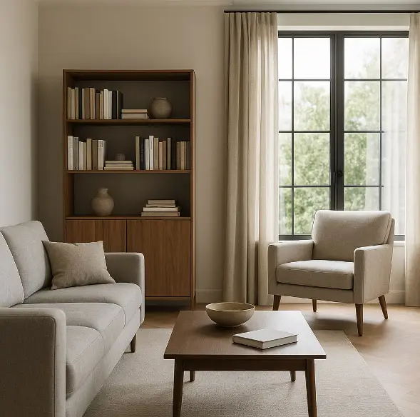 Helles Wohnzimmer mit einem grauen Sofa und Couchtisch im Vordergrund, einem beigen Sessel und Bücherregal im Mittelgrund sowie großen Fenstern mit hellen Vorhängen im Hintergrund.
