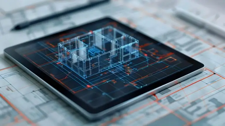 Ein Tablet, auf dem eine Architekturzeichnung mit Bauplänen und digitalen Modellen angezeigt wird, veranschaulicht die Nutzung digiatler Technologie im Enwurfs- und Planungsprozess von Bauprojekten.