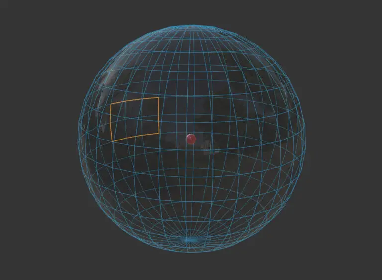 Illustration eines Kugelpanoramas. Ein Drahtgittermodell einer Kugel, der Mittelpunkt ist rot markiert. Es ist ein Segment der Kugel markiert, um zu ziegen, welchen Teil eines Kugelpanoramas man bei einem 360° Panorama sieht.