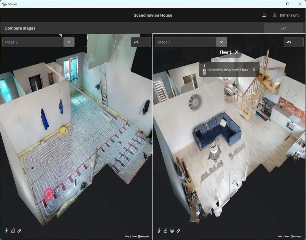Screenshot der Software SImlab Stages. EIn Split Screen zeigt verschiedene Bauphasen des gleichen Gebäudes. Links mit sichtbaren Heizungsleitungen am Boden, rechts fertig möbliert.