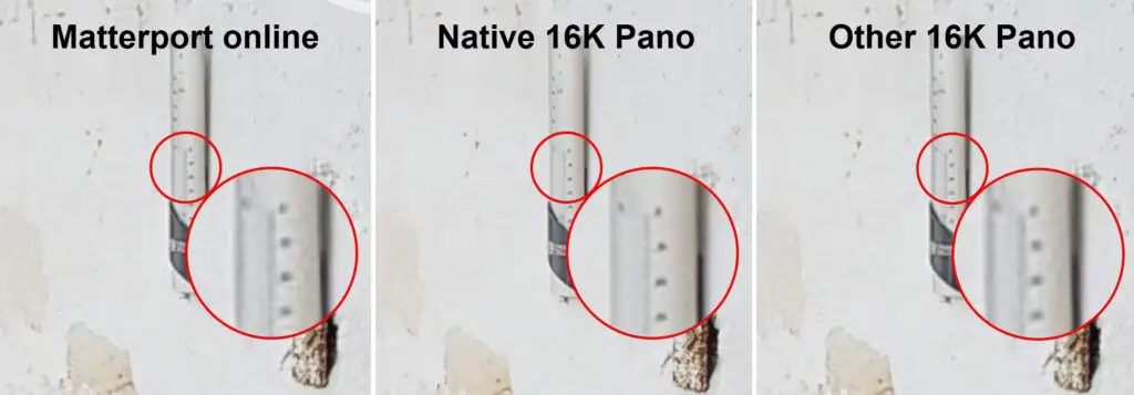 Drei Bildausschnitte nebeneinander, die unterschiedliche Bildqualität im Detail darstellen. Verglichen wird ein Matterport online Szene mit dem gleichen Ausschnitt aus einem nativen 16K Panorama und einem schlechten 16K Panorama.