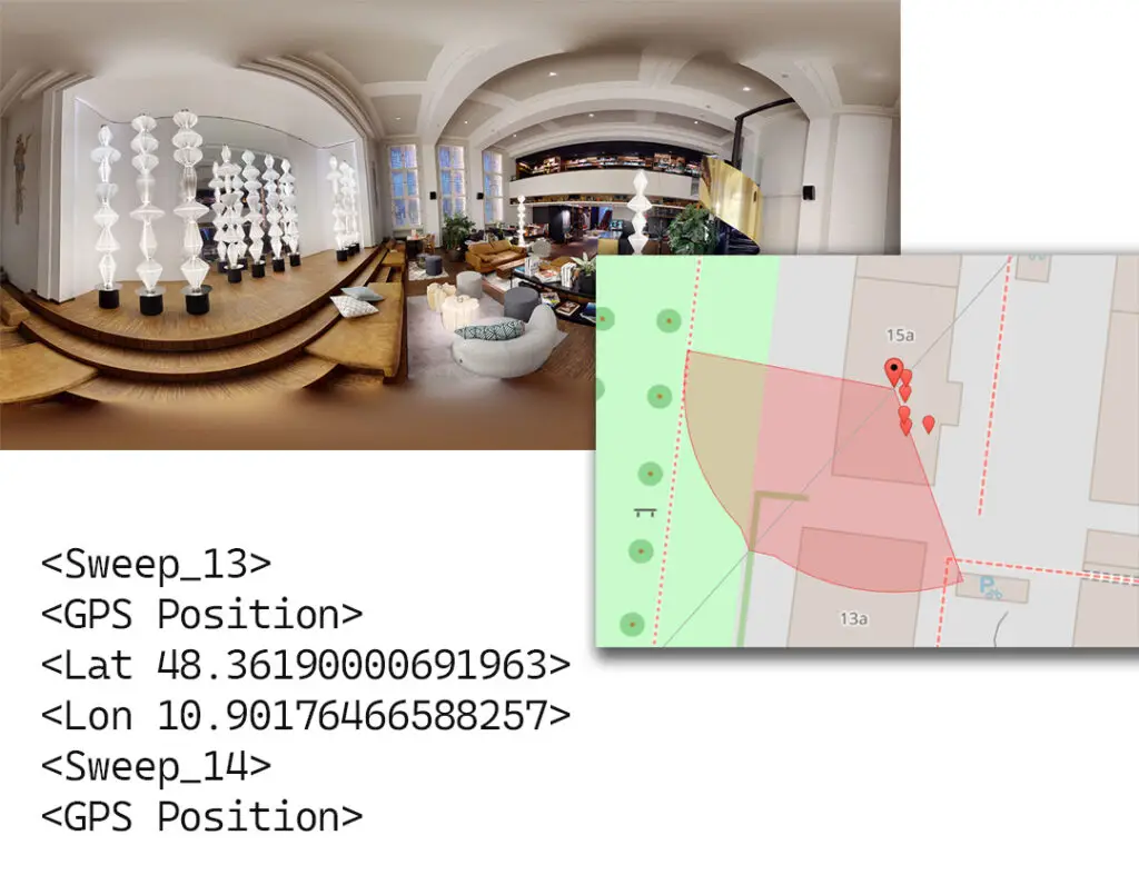 Ein 360° Panoramafoto überlagert von einer Karte, die zeigt, dass die AUfnahme über GPS Daten positioniert wurde. Dazu ein Text der EXIF Daten andeutet.